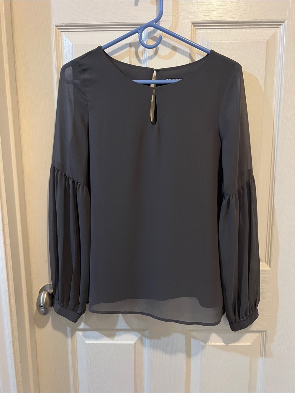 Express Sheer Long-Sleeve Keyhole Blouse - Gray